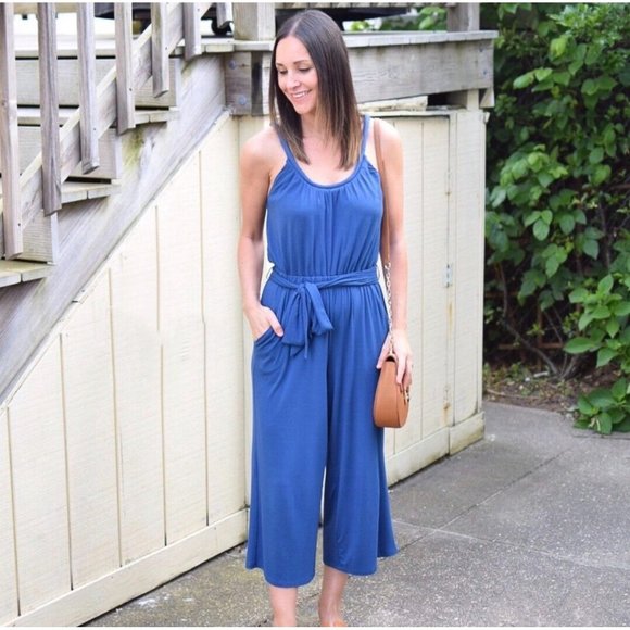 LOFT Jumpsuit S Blue Flowy Tie Waist Blue Jumpsuit Relaxed Soft Summer NEW - Picture 4 of 11